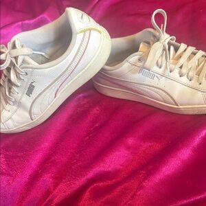 Puma White Leather Sneakers size 9 with Pink and Yellow Trim
